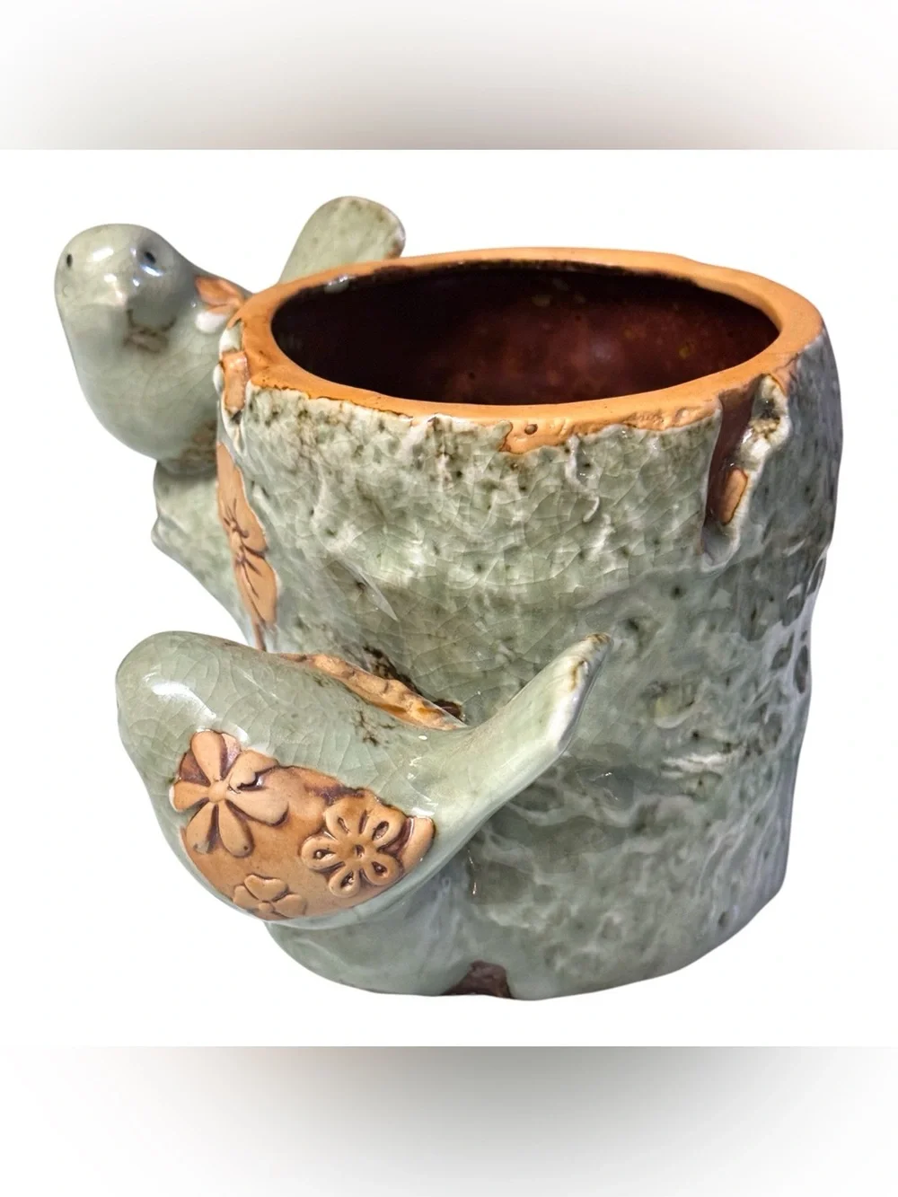 Vintage Ceramic Green/Tan Stump Vase Perched Birds Flowers Planter 5” Handmade